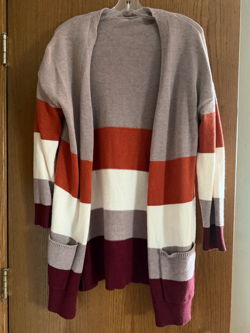 Striped Open-Front Women's Cardigan Sweater - Mauve, Rust, White, Burgundy